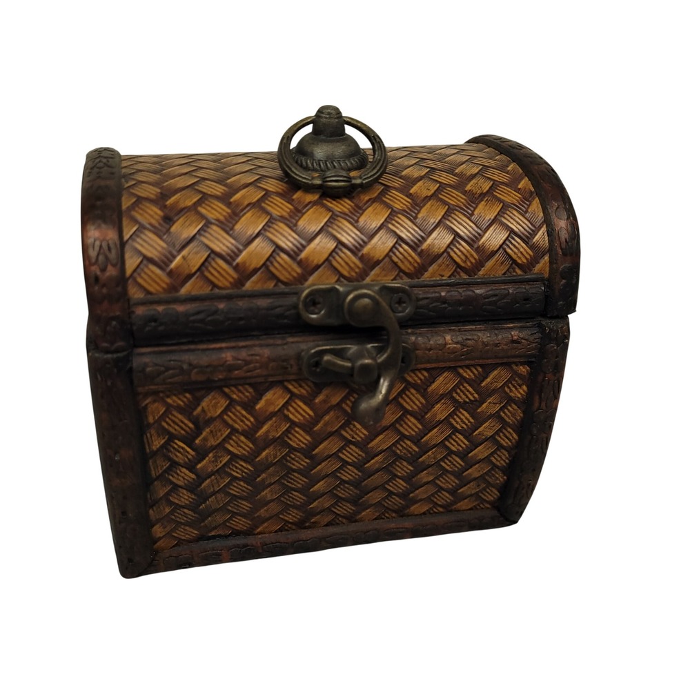 Vintage Woven Rattan Wood Treasure Chest Trinket Box Rustic Boho Keepsake Decor